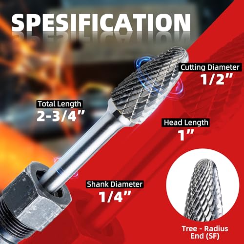 EZARC Tungsten Carbide Rotary Burr Set, 5PCS SF-5 Double Cut, 1/4" Shank - style: SF-5, 5PCS
