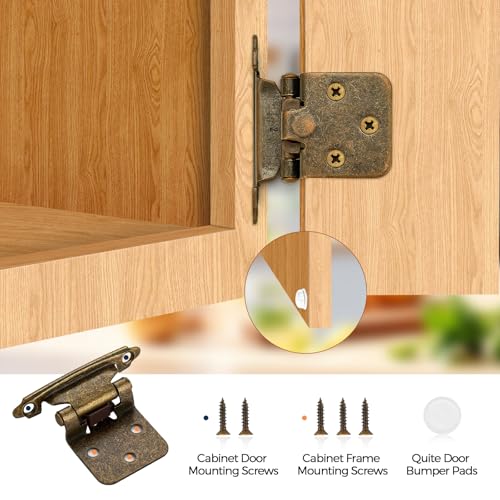 Antique Brass Cabinet Hinges, 1/2 Inch Overlay, 10 Pack(5 Pairs) | Self-Closing Design, Semi-Concealed Face Frame Fit, Surface Mount, For Kitchen Doors, Cabinets, Hardware Updates - color: Antique Brass