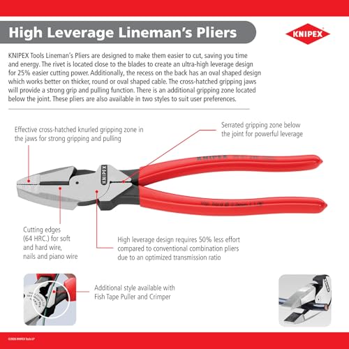KNIPEX Tools 09 12 240 9.5-Inch Ultra-High Leverage Lineman's Pliers with Fish Tape Puller and Crimper