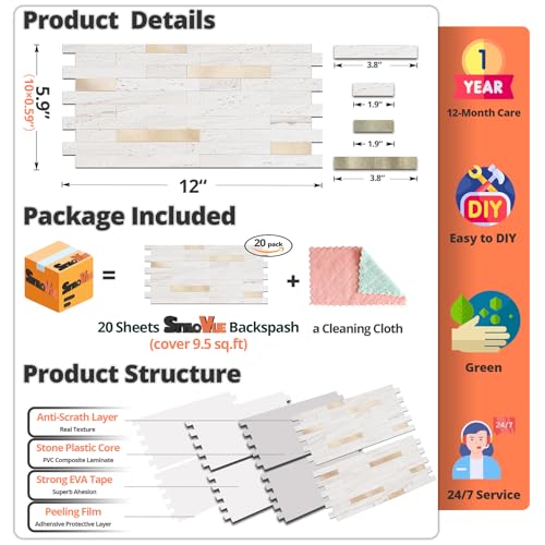 StyloVue 20 Sheets Peel and Stick Backsplash for Kitchen, Pearl White Sandstone with Metal Gold Look Stick on Tile Upgrade Your Kitchen Backsplash, RV, Fireplace - color: Pearl White Sandstone With Metal Gold