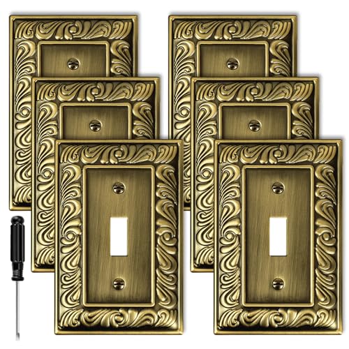 6 Pack Antique Brass Decorative Single Toggle Light Switch Cover Plate - size: 1 Gang Single Toggle
