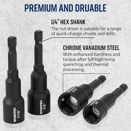 WORKPRO 6 PCS Magnetic Nut Driver Set, 1/4" Hex Shank, CR-V Steel, SAE - size: 6PCS Magnetic Nut Driver Set