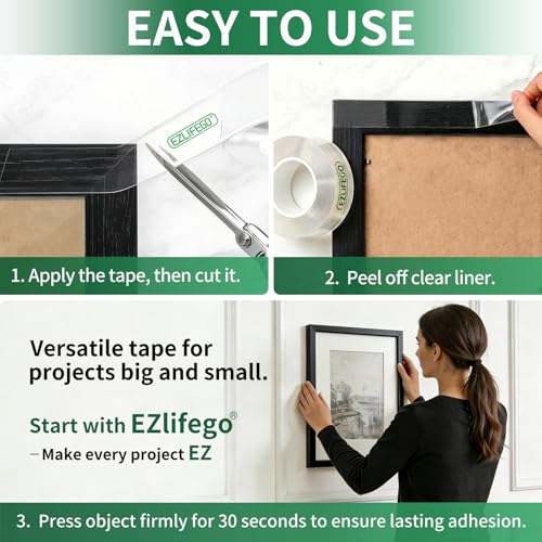 EZlifego Heavy Duty Invisible Bond Nano Double Sided Mounting Tape, 9.85FT | Nano-Tech, Holds up to 72 lbs, All-Purpose, Instant Hold, Industrial-Strength Adhesive, Indoor & Outdoor Decor,Back to School - size: 9.85 Feet