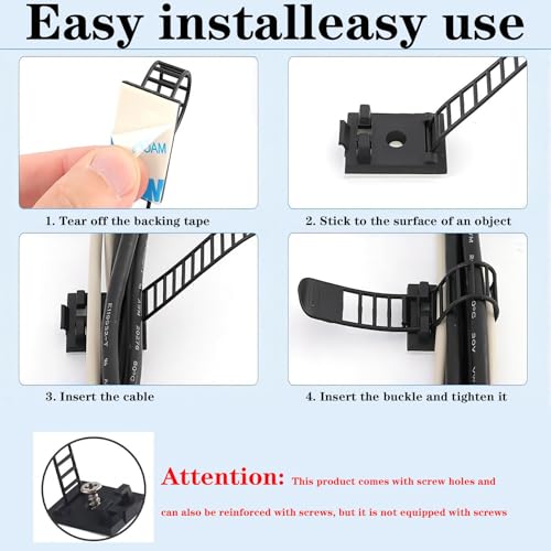 Adjustable adhesive cable management clips 50Pcs, large self adhesive cable ties clips ，Suitable for cable management under desks and on walls(Black) - color: Black