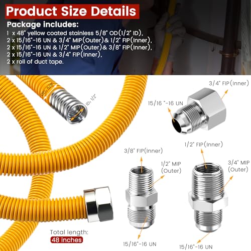 Puxyblue [2026 NEW] 48" Flexible Gas Line Kit for Dryer Stove Range Flexible Stainless Steel Gas Dryer Kit - 5/8" OD(1/2" ID) Dryer Gas Line with Connector 3/4" FIP & 1/2" MIP & 3/4" MIP Fitting