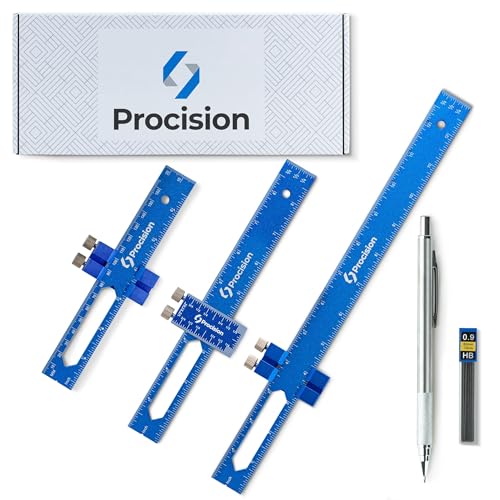 ELEON Precision Woodworking Ruler, Set of 3 (12, 8, 6 Inch) - Precise Woodworking Pocket Tool with Extra Wide 2" Sliding Attachment - Slide T-Square Scribing Kit Plus Mechanical Pencil - Aluminium