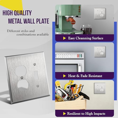 ENERLITES Combination Toggle & Duplex Metal Wall Plate, Midsize, Silver - color: Stainless Steel, size: Mid-Size