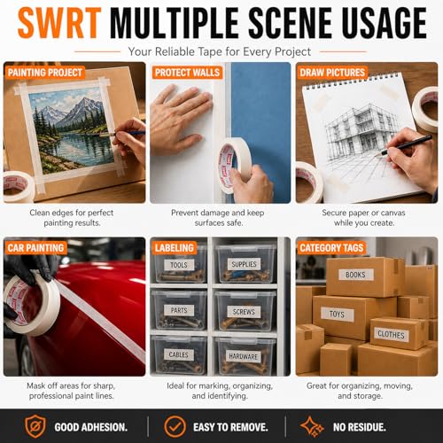 SWRT Masking Tape 0.75 Inch x 55 Yards x 10 Rolls, Bulk White Painting Tape - size: 0.75" x 55Yds x 10Rolls