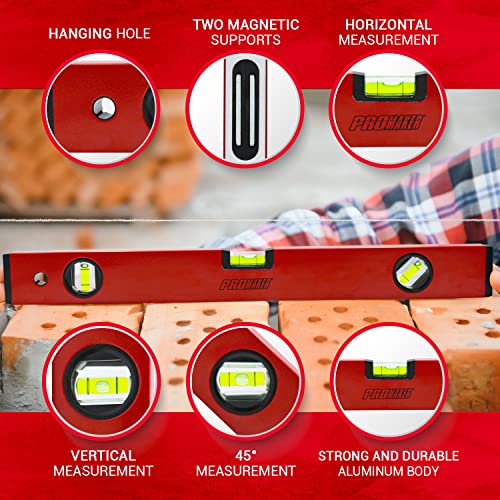 PROMAKER 18 inch Level, Magnetic Level with 180° 90° 45° bubbles, Shock Resistant, Aluminum Body, Level Tool with Overhead Viewing for Comfortable read PRO-NV030 - size: 18 inch