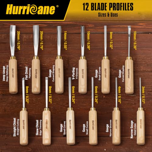 HURRICANE 12-Piece Starter Wood Carving Tools Set, Professional Wood Carving Kit with Razor Sharp 60CRV Steel Blades, Ash Wood Handles & Canvas Case for Beginners Professionals Specialties