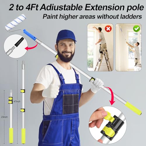 31 PCS Paint Roller Kit with Extension Pole 2 to 4 Ft,9"4"Paint Rollers Covers Frame Tray Painters Tape Professional Long Handle Paint Brush Roller Set for Painting Walls House Corner Stain Concrete