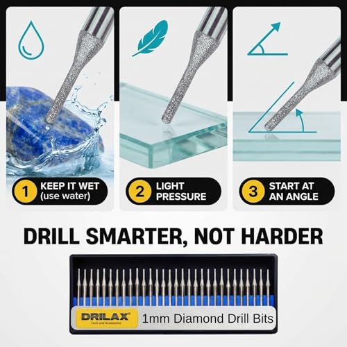 Drilax 30-Piece 1mm Diamond Drill Bits Set – 1/8 Shank Compatible with Dremel Rotary Tools – Precision Diamond Dremel Bits for Jewelry Making, Stone, Glass, Ceramic, Sea Glass, & Gemstones - size: 1mm