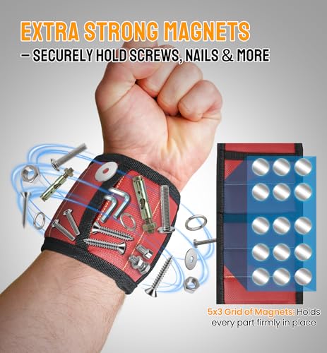 HiRui Magnetic Wristband for Tools – Ultra-Strong 15 Neodymium Magnets Hold Screws, Nails & Bits, Dual Pockets – Hands‑Free for DIY, Home Repairs, Auto – Gift‑Ready for Dad, Husband, Grandpa (Red) - color: Red