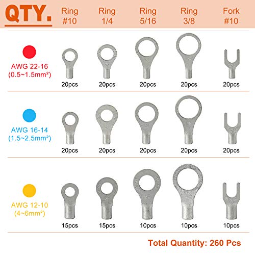 260PCS AWG 22-16 16-14 12-10 Copper Ring Fork Terminals Tin Plated Non-Insulated Electric Wire Connectors