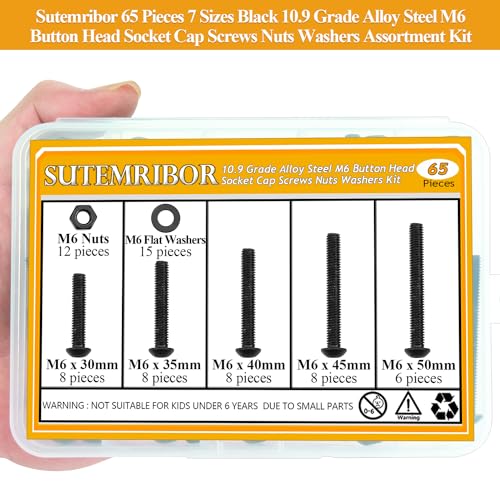 M6 Screws, Nuts & Washers Set - 65 Pieces, 30/35/40/45/50mm, Black, 10.9 Grade Alloy Steel, Fully Threaded - size: M6 Long Screws Kit, style: Button Head