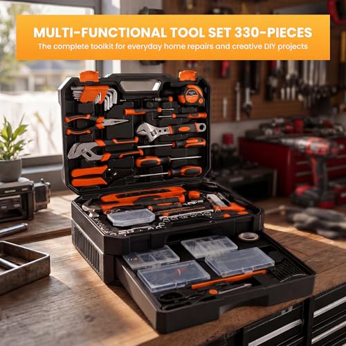 NEWBULIG 330-Piece Complete Tool Box Set, Durable Homeowners Tool Kit with Pull-Out Drawer, Versatile Home Repair Kit for Auto & Household, DIY Projects, Black-Yellow - color: Black Yellow, size: 16
