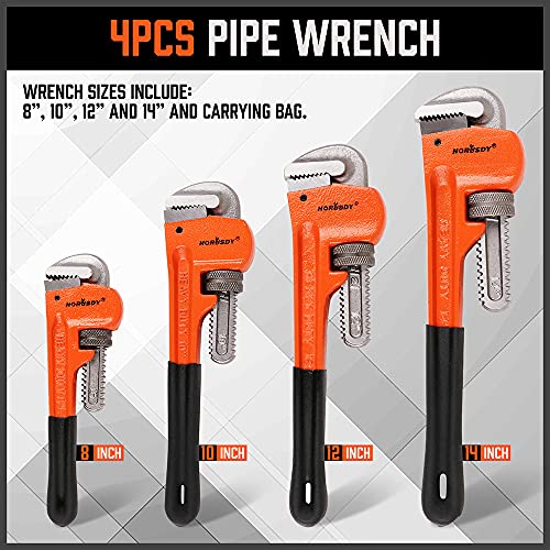 HORUSDY 4 Pack Heavy Duty Pipe Wrench Set, Adjustable 8" 10" 12" 14" Soft Grip Plumbing Wrench Set with Storage Bag - style: 4 Pieces