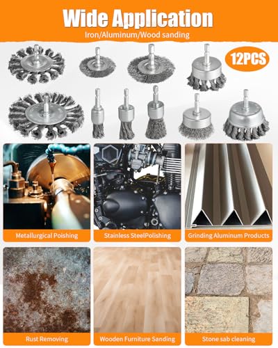 12Pcs Drill Wire Brush Attachments Set, Heavy Duty Wire Brush Wheel Drill - style: 12pcs(Twisted & Carbon Steel Wire)