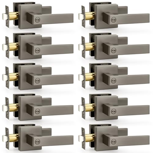 Probrico Interior Privacy Door Lever Handles with Lock, Gunmetal Black 10 Pack Bedroom & Bathroom Zinc Alloy Lockset - color: Gunmetal Black