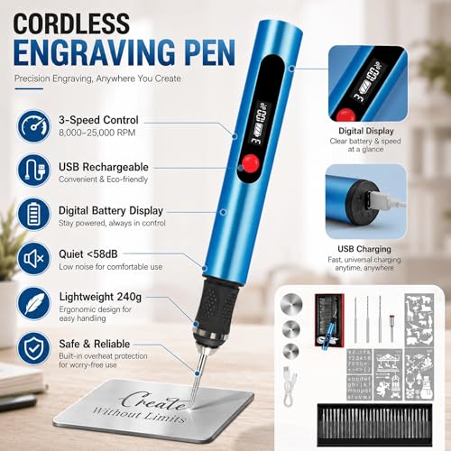 Engraving Pen,Lightweight Kit,35 Bits,3 Speed,Beginner-friendly Craft Tool - color: Blue
