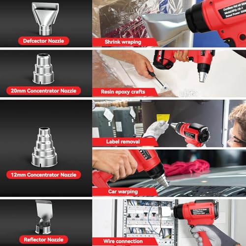 Cordless Heat Gun for Milwaukee 18V Battery, 350W 1022°F (550°C) Soldering Heat, Variable Temperature Control Hot Air Gun Kit with 4 Nozzles and Scraper, for Shrink Tubing, PVC Wrap(NO Battery)