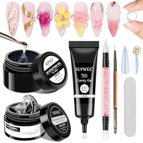 3d Gel Nail Art Set Non Stick Hand Solid Builder Gel No Wipe 3d Gels | 15g 3d Sculpting Gel All-in-1 Kit for Carving Moliding Extension Home DIY Manucure for Women Girls - color: Clear Clear and Clear