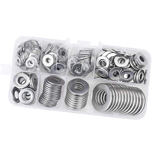 DYWISHKEY 268PCS 8 Sizes Flat Washers Assortment Kit, 1/2 3/8 5/16 1/4 12# 10# 8# 6#, 304 Stainless Steel