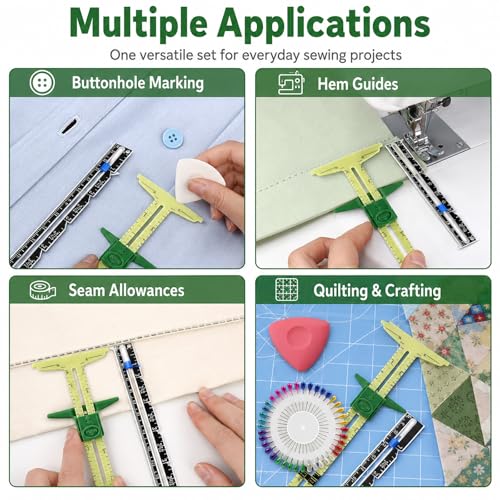 Sewing Gauge Measuring Tool Set, 5-in-1 Sliding Marker & Seam Gauge Ruler | Acrylic T-Shaped Quilting Ruler Set, Essential Sewing & Quilting Tools for Hemming, Buttonhole Marking & Crafting 5Pcs Yellow - color: Yellow