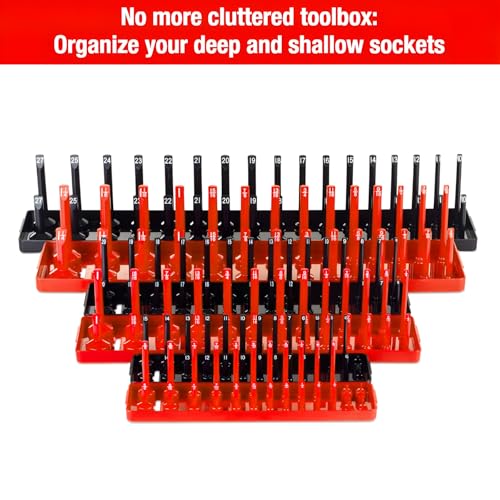 AIUITIO 6PCS Socket Organizer Tray Set, Red SAE & Black Metric Socket Storage Trays, 1/4-Inch, 3/8-Inch & 1/2-Inch Drive Deep and Shallow Socket Holders for Toolboxes - size: 170 Socket Capacity