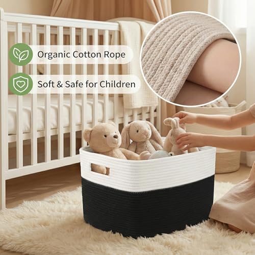 JMvicyroam 65L Large Woven Cotton Rope Blanket Basket, White&Black - color: White&Black, size: 65L