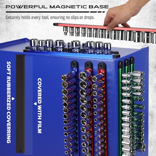 Magnetic Socket Holder Organizer Set: 9-Piece Detachable 1/4, 3/8, 1/2 Socket Trays Socket Organizer for Tool Box Drawer Holds 120-Piece Standard Size Sockets for Automotive Garage(Blue Red Green) - style: 9-Piece Alum. Rails (Holds 120)