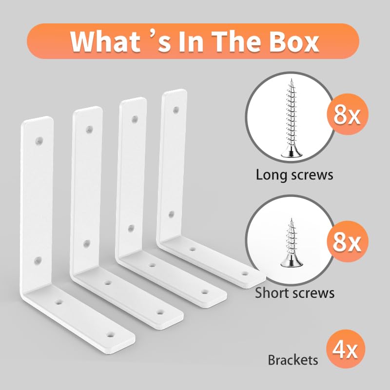 White Heavy Duty Shelf Brackets 4 Inch, Extra Thick L Shelving Brackets, Rustic Gold Iron Floating Shelves Wall Mounted with Hardware for DIY Open Shelving, 4 Pack - color: White, size: 4 Inch