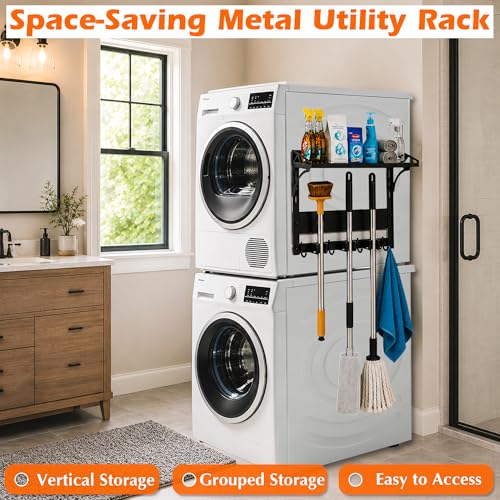 MUTUACTOR Heavy Duty Magnetic Broom Holder,Anti-slip Magnetic Tool Rack with Top Utility Shelf, Easy Assembly Broom Mop Organizer for Refrigerator Metal Cabinet Laundry Room Kitchen,3-Clamps 4-Hooks - style: Heavy Duty Broom Holder with Shelf,1PCS