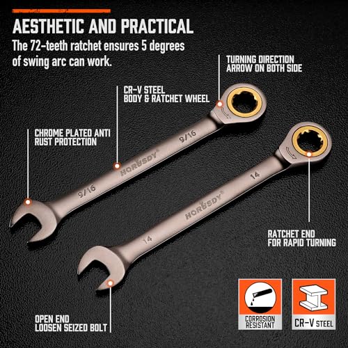 HORUSDY 24-Piece Ratcheting Wrench Set | Metric and SAE | 8-19 mm & 1/4” to 7/8“ | Ratchet Combination Wrenches Set with Organizer | 72-Teeth | Chrome Vanadium Steel - style: 24-Piece Ratcheting - Complete