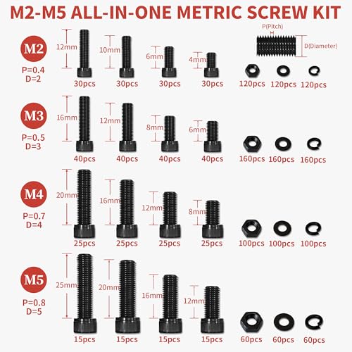 Metric Screw Assortment Kit, M2 M3 M4 M5 Bolt Assortment with Bolts and Nuts, Hex Socket Cap Head M Screws for 3D Printer Black Zinc Plated Grade 12.9 Alloy Steel - size: M2-M5 1760 PCS