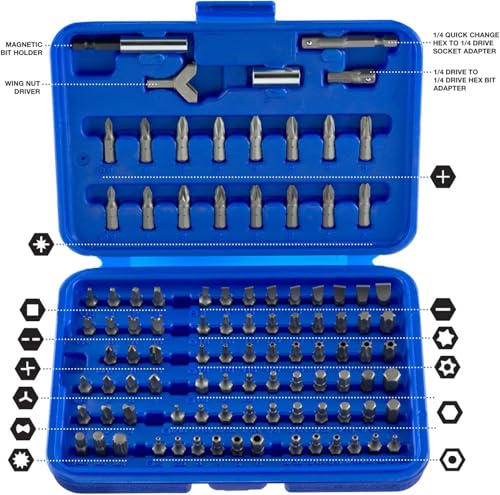 NEIKO 10048A Security Bit Set 100-Piece Set Cr-V Steel 1/4-inch Adapters Phillips Slotted Hex Torx Star Tamperproof Pozi Square Spanner Torque Tri-Wing Clutch Spline Wing Nut, Security Torx Bit Set - size: Screwdriver Bit, style: Security