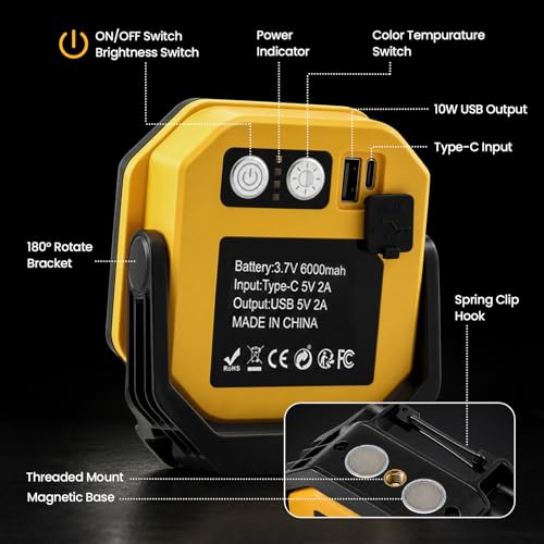 Rechargeable Magnetic Work Light for Repair Mechanic, 6000mAh 2Pack - color: Yellow
