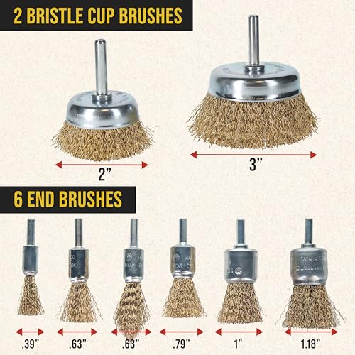 Dura-Gold 12-Piece Abrasive Brass-Coated Wire Wheel, Cup Brush, and End Brush Set, 1/4" Drill Shank, Carbon Steel Bristles - Surface Prep Grinding, Stripping Metal, Clean Remove Rust, Corrosion, Paint