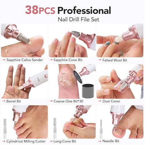 Litbear Thick Toenail Grinder, 15X Professional Electric Nail Drill File Set, Cordless Pedicure Manicure Tool Callus Remover for Women Men Senior Hand Feet Care, Home Salon Use ( White ) - size: White
