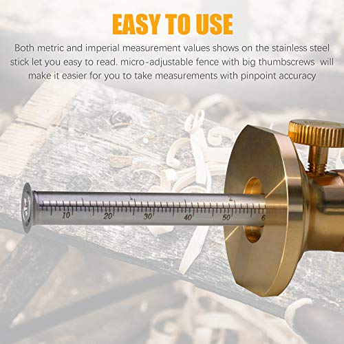 Wheel Marking Gauge Kit with 2 Extra Cutter Wheels, Anti Roll Brass Head with Hornbeam Wood Holder, Metric and Imperial Micro Adjuster Ruler, Woodworking Tools Scriber for Woodwork