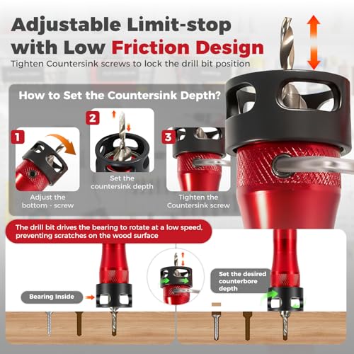 BURMONG 5-Piece Countersink Drill Bit Set with Bearing Depth Stop & Chamfer Tool, 1/4" Hex Shank Quick Change Bi-Directional Cutting Edges for Woodworking (with Adjustable Bearing Depth Stop) - style: With Adjustable Bearing Depth Stop