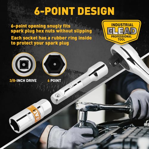 12-Piece 3/8" Drive Spark Plug Socket Set with Ratchet Handle, Universal Joint, Spark Plug Gapper & Extension Bar, 9/16", 5/8", 3/4", 13/16", 14mm, 18mm, CR-V Sockets with Rubber Holding Rings - size: 12-Piece Spark Plug Socket Set