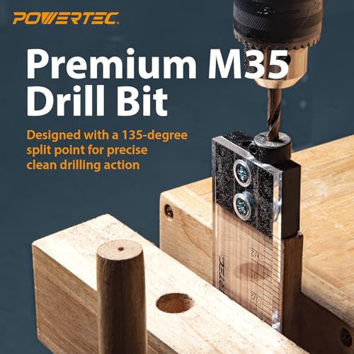 POWERTEC Complete Doweling Jig Kit w/ 1/2",3/8",1/4" Cobalt M-35 Drill Bits, Wood Dowel Jig Accessories with Depth Scale, Laser Cut Alignment Marker & Split Ring Stop Collar for Easy Alignment(71714) - style: Complete Doweling Jig Kit (1/2", 3/8", 1/4" Bi