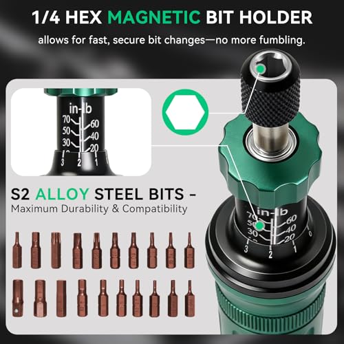 Inch Pound Torque Screwdriver Set, 10-70 in-lb, 1/4" Drive, 24 PCS - color: Army Green