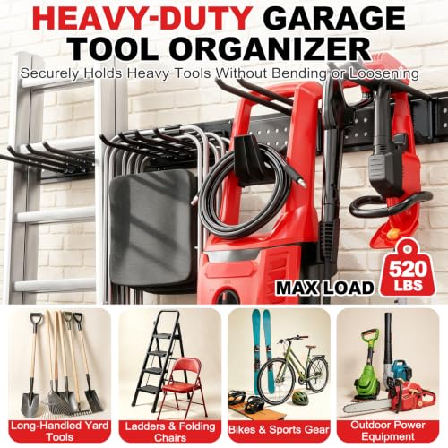 Garage Tool Organizer Wall Mount 66 inches with 13 Adjustable Heavy-Duty Hooks, Garage Organization, Garden Tool Storage Rack, Yard, and Shed, Holds Up to 520 lbs - size: 66" | 4 Panels + 13 Hooks