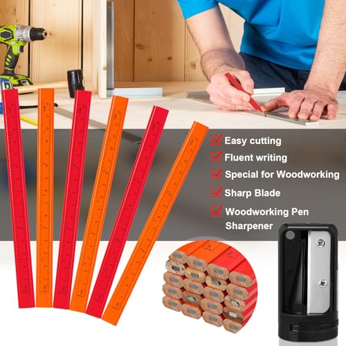 Honoson 200 Pcs Flat Construction Pencils with Printed Ruler Wood Graphite 2 Pcs Carpenter Pencil Sharpener for Woodworking Marking Tool (Orange and Red) - color: Orange and Red