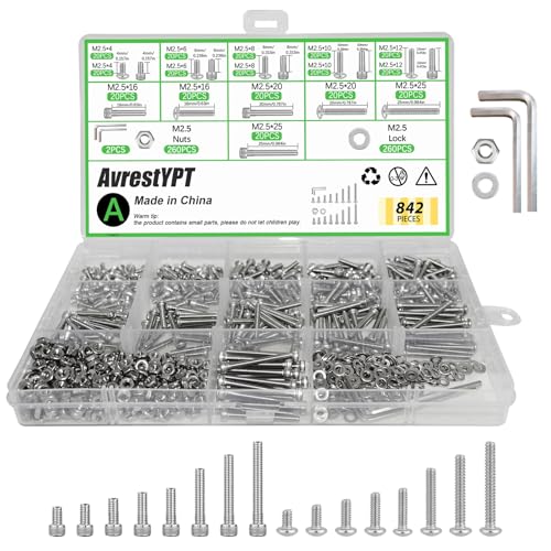 842 Pcs Metric Screws Assortment Kit, M2.5 Screw Kit, Small Assorted Nuts and Bolts Assortment Kits, Stainless Steel Hex Socket Button Head Screw & Hex Socket Head Screw Set with Washers + Wrenches - size: M2.5-842Pcs