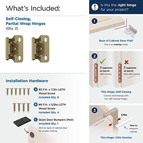 Amerock 1 Pair 1/4" Overlay Golden Champagne Partial Wrap Cabinet Hinge - color: Golden Champagne, size: 1/4 Inch (6 mm) Overlay