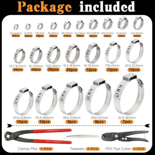 560PCS 22-Sizes Stepless Single Ear Hose Clamp Kit with Pliers & Cutter, 5.3-36.1mm (1/4"-1-3/8") 304 Stainless Steel Anti-Corrosion Clamps for Automotive Fuel Line,CV Boot,HVAC,Radiator & PEX - size: 560 PCS 22 Size