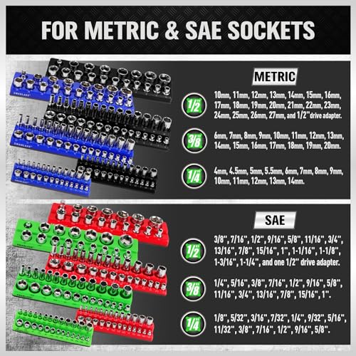 SWANLAKE Magnetic Socket Organizer Set, 1/4", 3/8", 1/2" Sockets Holds 286 Pieces Magnetic Socket Trays (Blue&red&black&green, 12 Pcs) - style: 12PCS Multi-Color